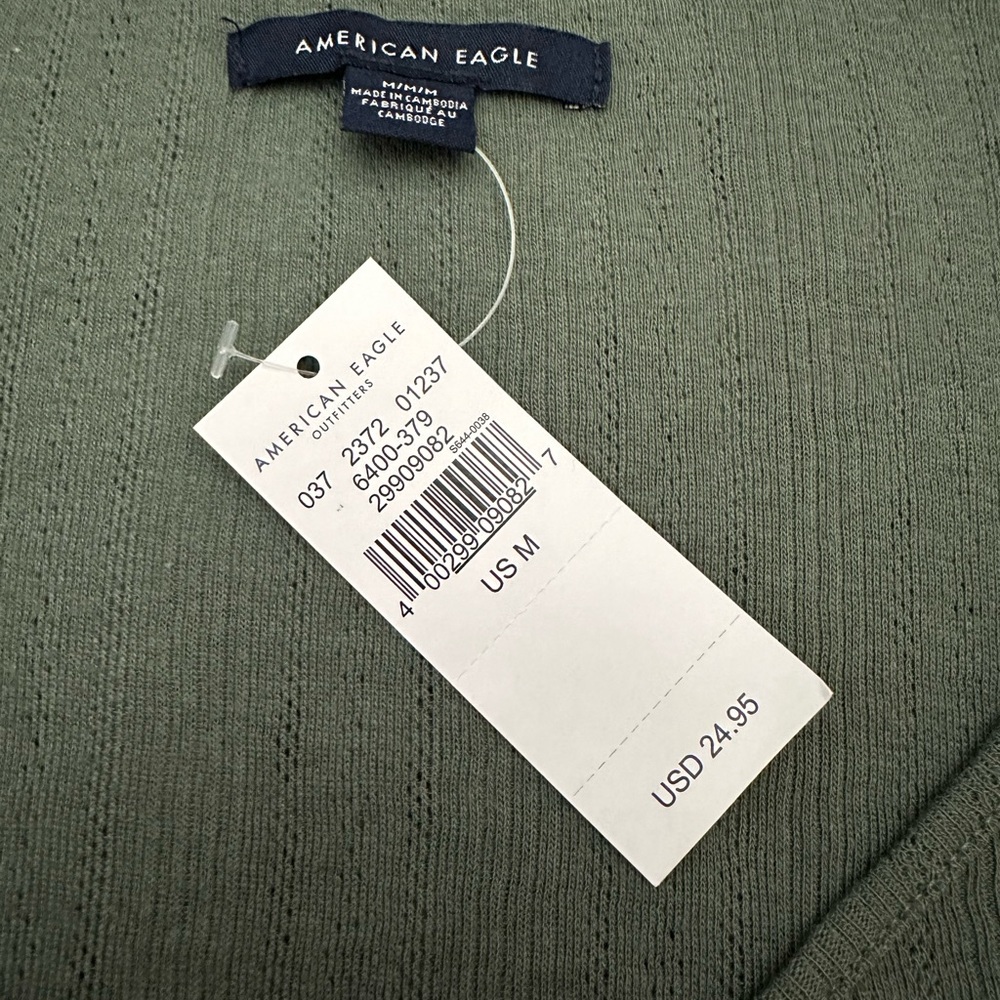 American Eagle Pointelle Button Front Tie Knot T-Shirt in Green Size Medium - Picture 11 of 16